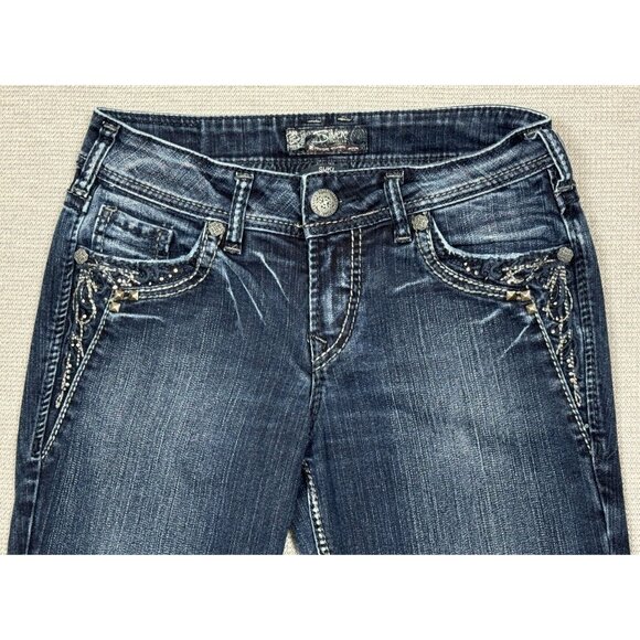 Silver Jeans Co Suki Low-Rise Bootcut Jeans W27/L33 Embroidered Studs Rhinestone - Picture 3 of 15